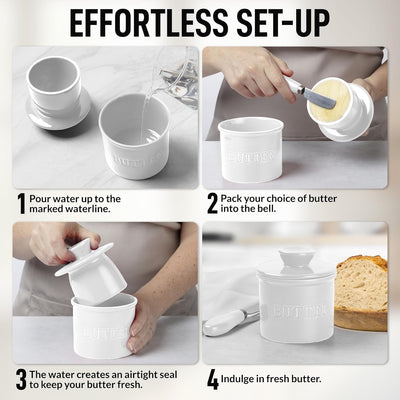 Beurrier avec couvercle et couteau en porcelaine à eau - Blanc - Zulay