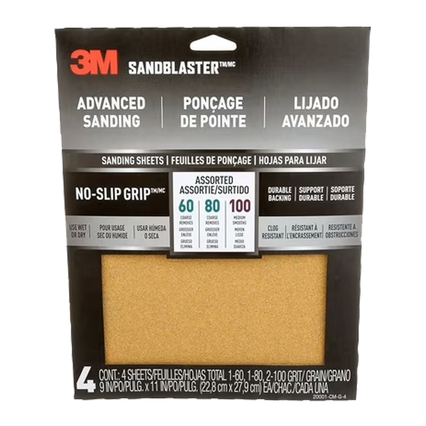 Papier pour sabler assorti 60-80-100 grains - 3M -  Paquets de 4 feuilles