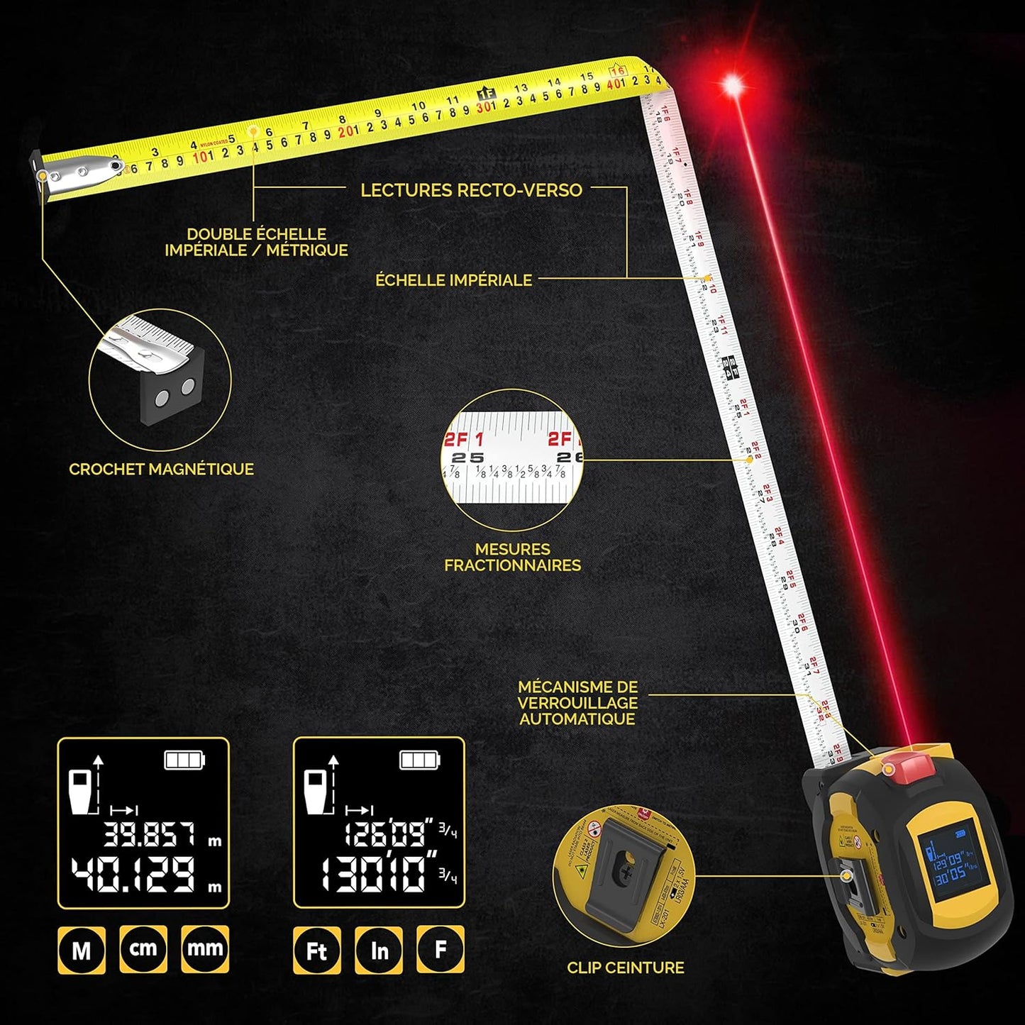 Ruban laser numérique à mesurer 2 en 1 - Lexivon