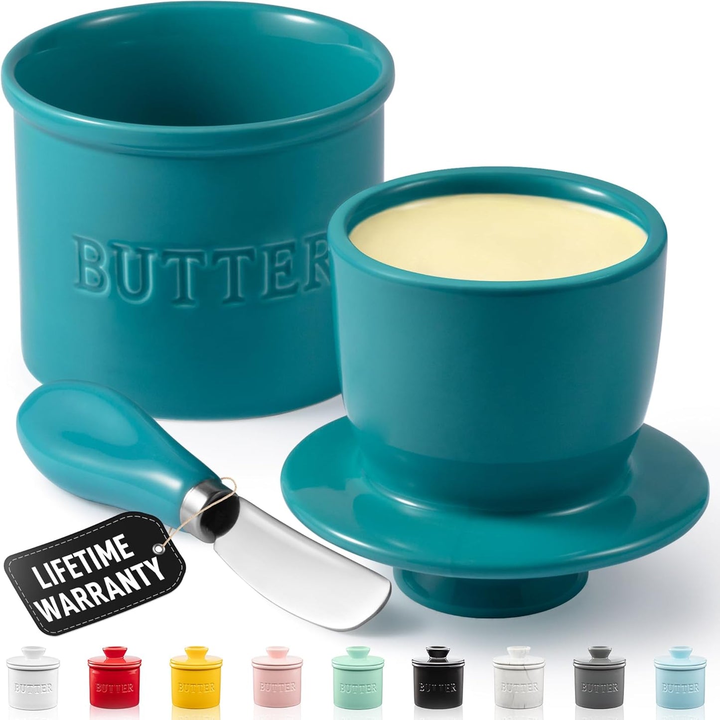 Beurrier avec couvercle et couteau en porcelaine à eau - Turquoise - Zulay