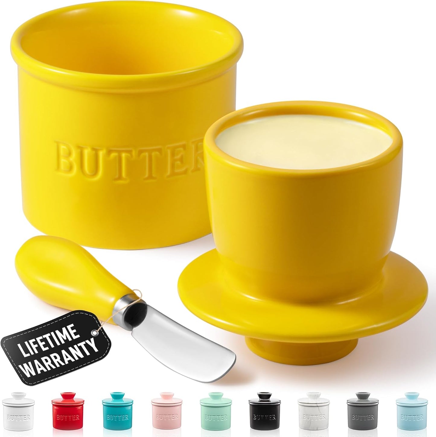 Beurrier avec couvercle et couteau en porcelaine à eau - Jaune - Zulay