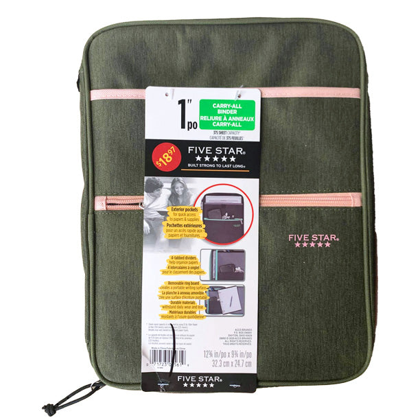 Cartable 1 pouces "Carry All" - Fermeture éclair - Vert - Five Star